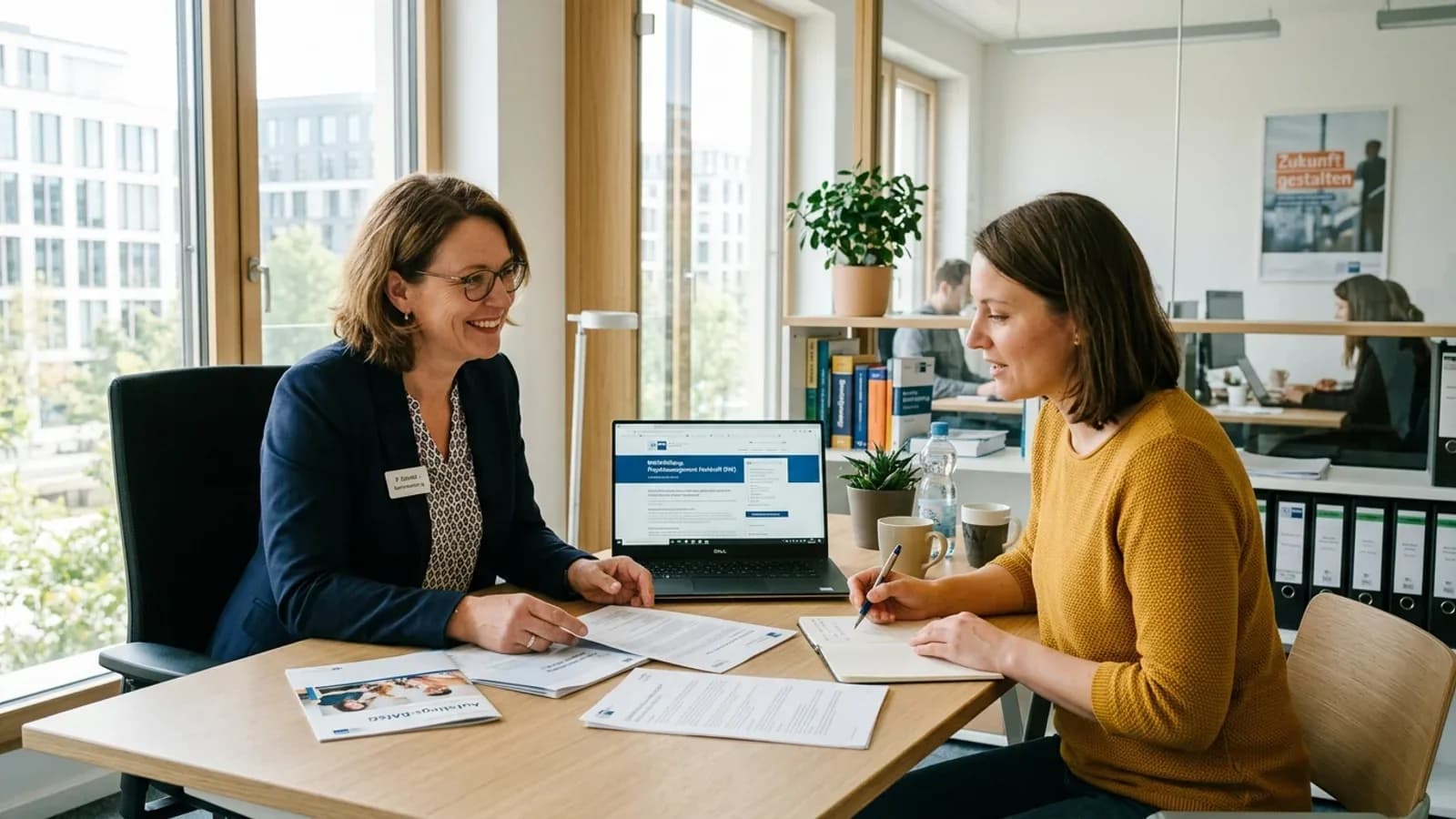 Ein Weiterbildungsinteressierter bespricht mit einer Beraterin die Förderung durch einen Bildungsgutschein