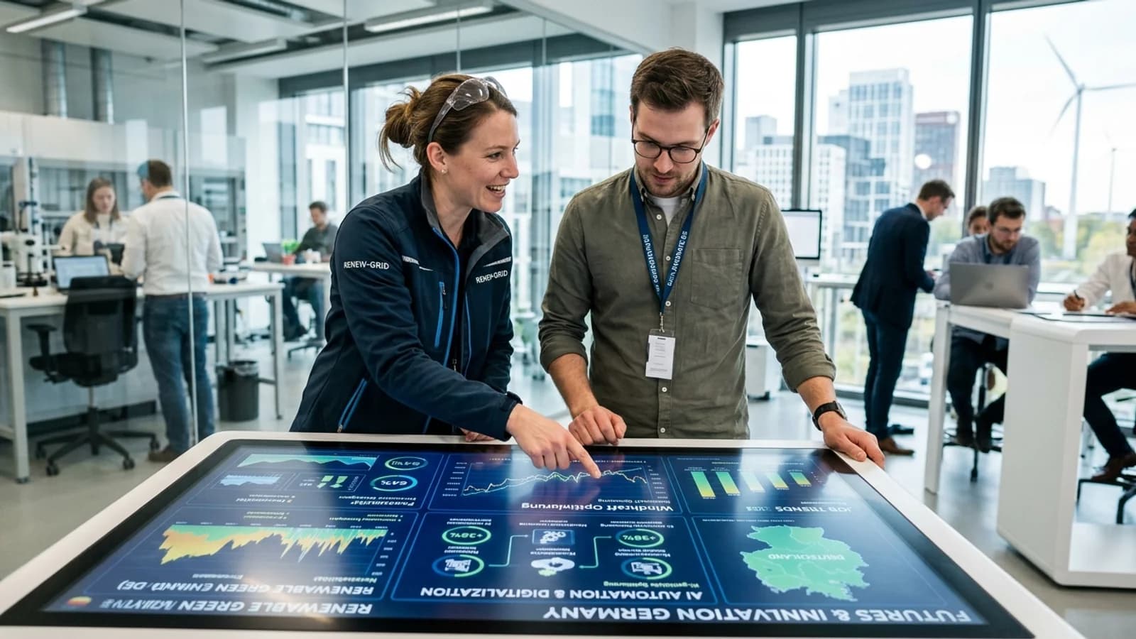 Fachkräfte analysieren Digitalisierungs-, Automatisierungs- und Nachhaltigkeitstrends an einem interaktiven Bildschirm
