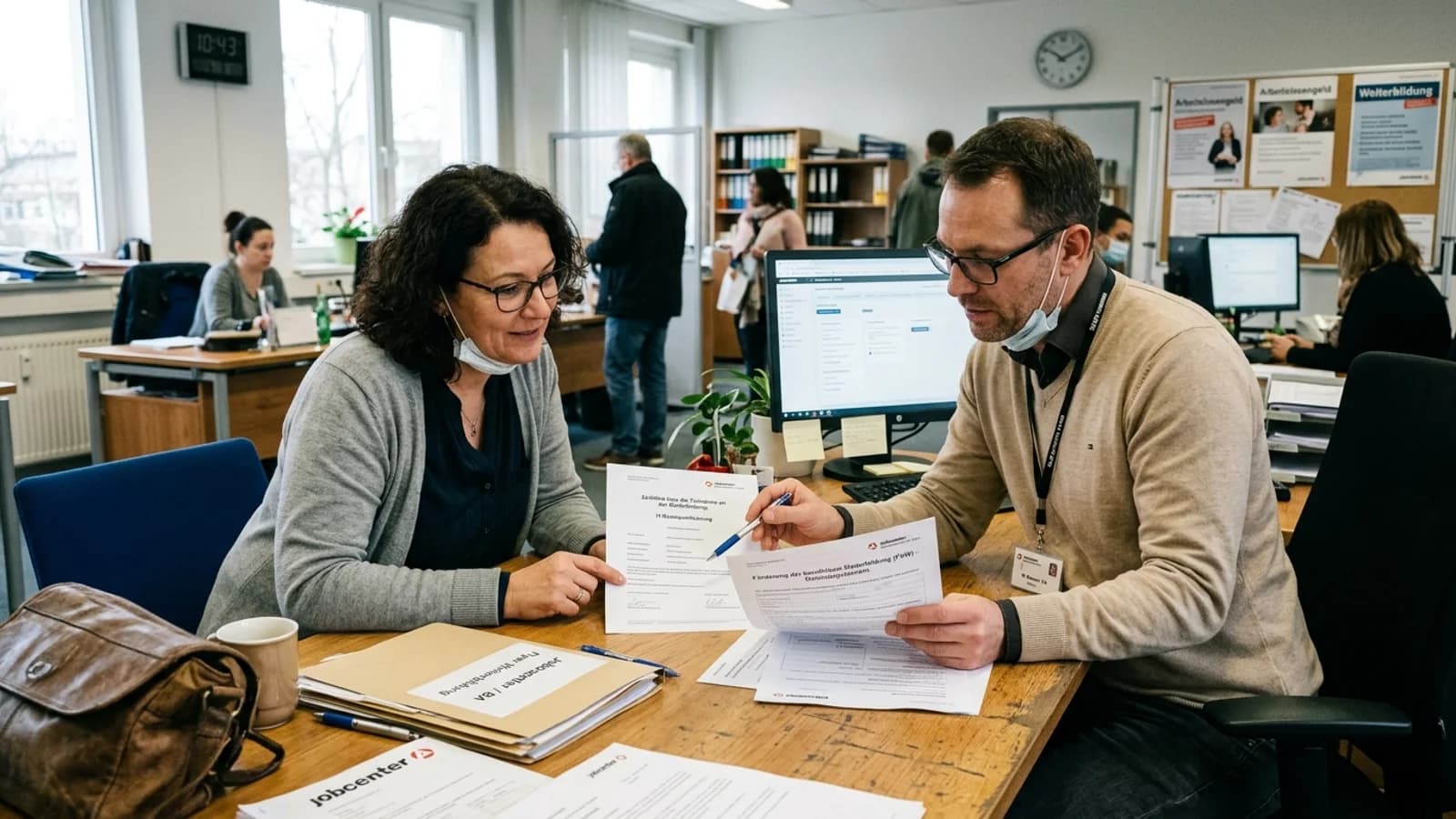 Ein Weiterbildungsinteressierter im Beratungsgespräch bei der Agentur für Arbeit zur Klärung des Bildungsgutscheins