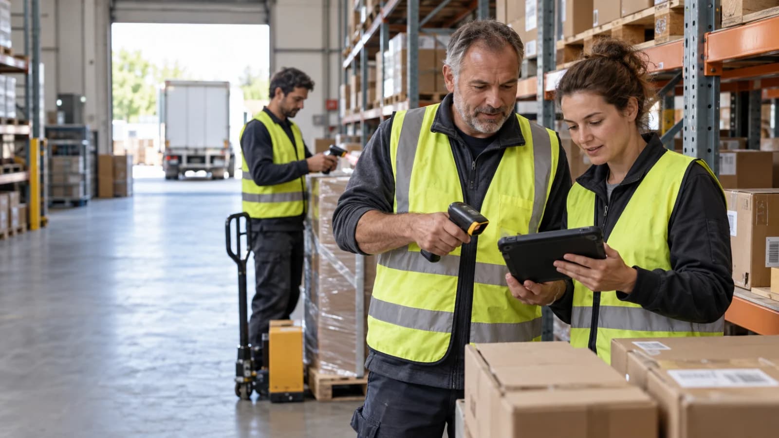 Beschäftigte lernen im Lager gemeinsam einen digitalen Arbeitsablauf mit Tablet und Scanner