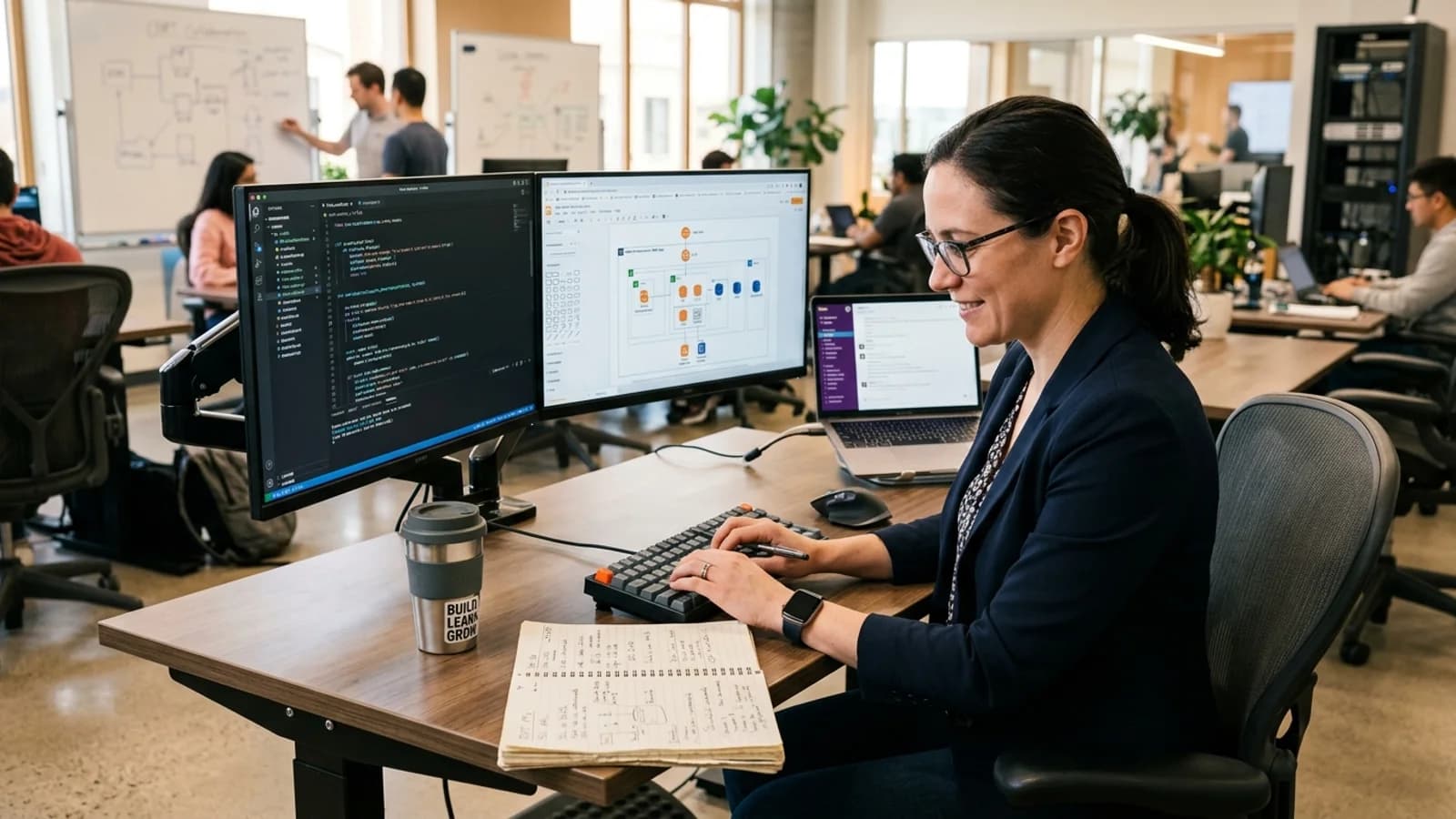 Eine Quereinsteigerin lernt Programmierung und Systemarchitektur an einem modernen IT-Arbeitsplatz