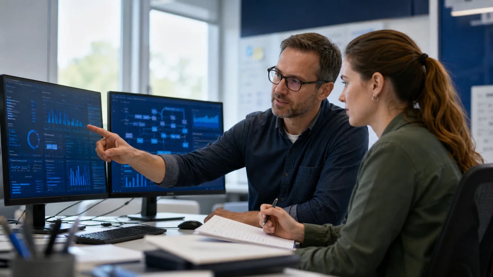 Ein IT-Trainer erklärt einer Teilnehmerin einen Cloud- und Datenworkflow