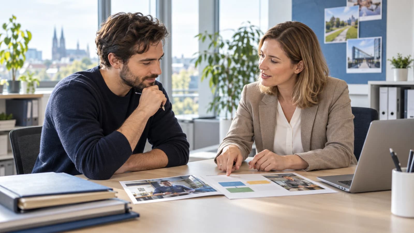 Ein Arbeitsuchender und eine Beraterin vergleichen direkte Vermittlung und berufliche Weiterbildung