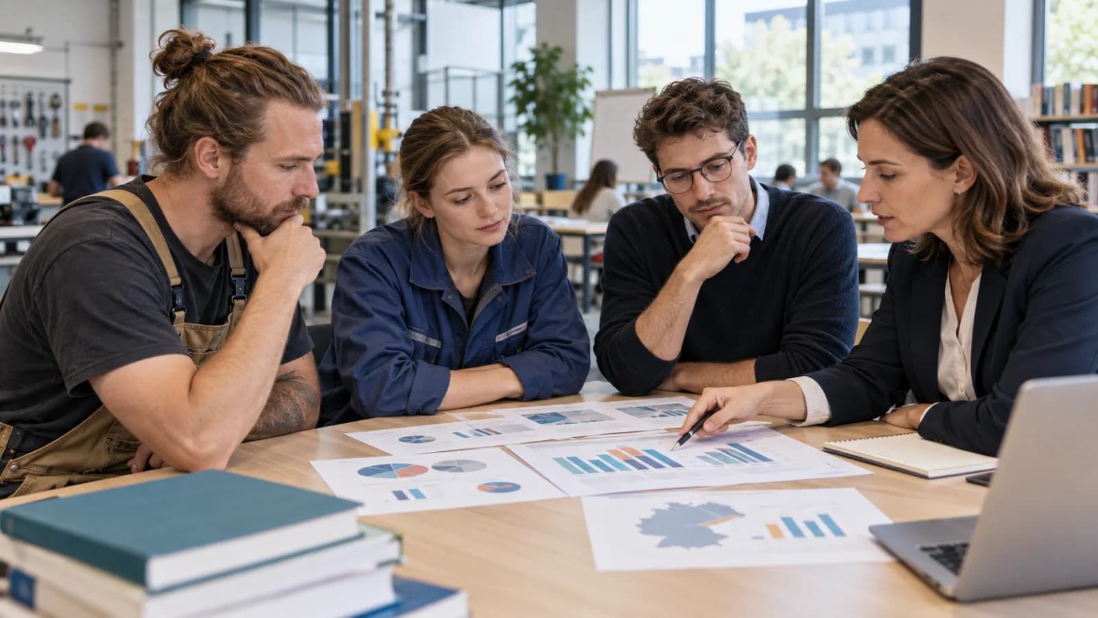 Fachkräfte und eine Bildungsberaterin werten gemeinsam aktuelle Bildungsdaten aus