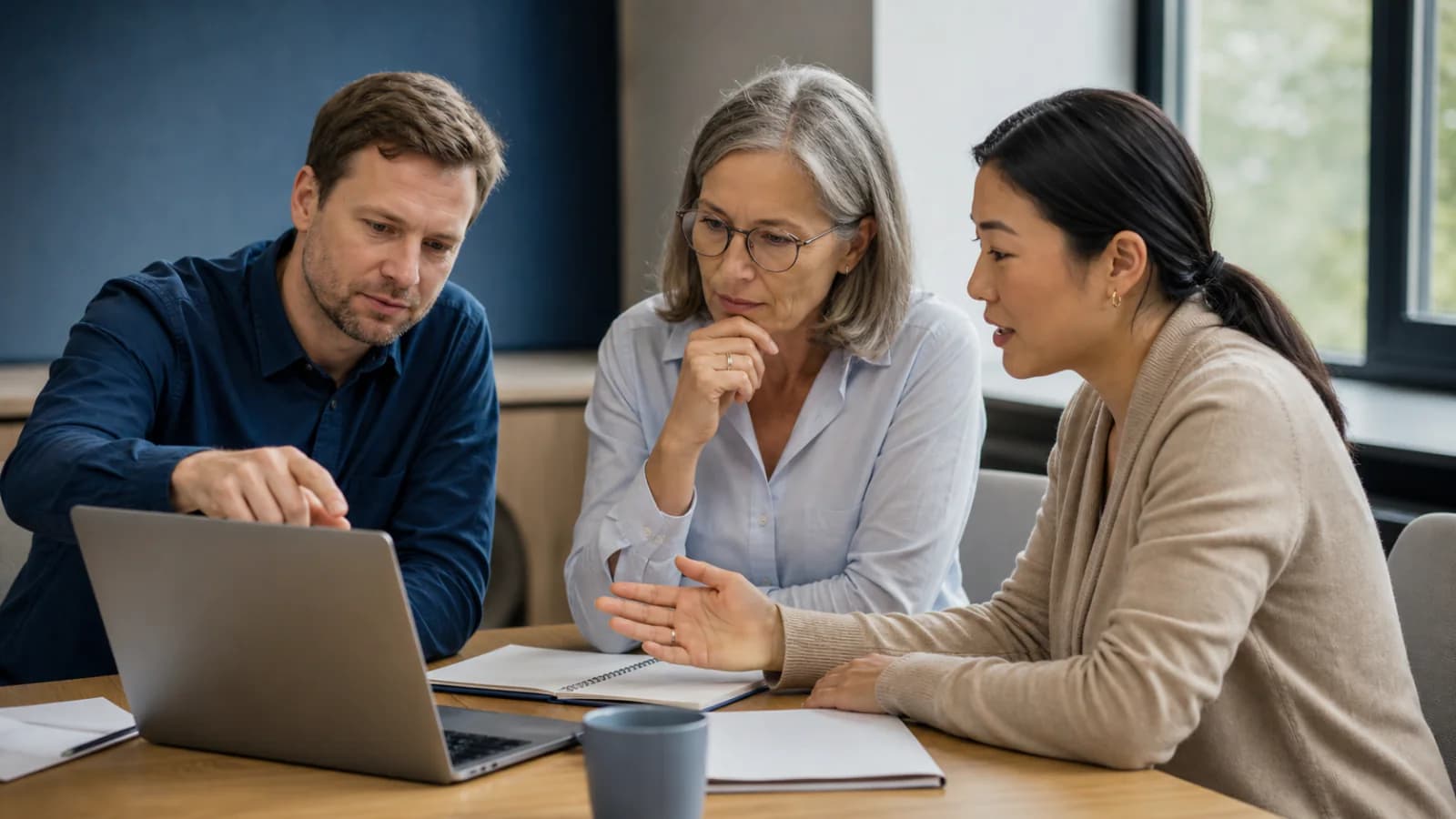 Drei Beschäftigte prüfen gemeinsam die Ausgabe eines KI-Systems am Arbeitsplatz