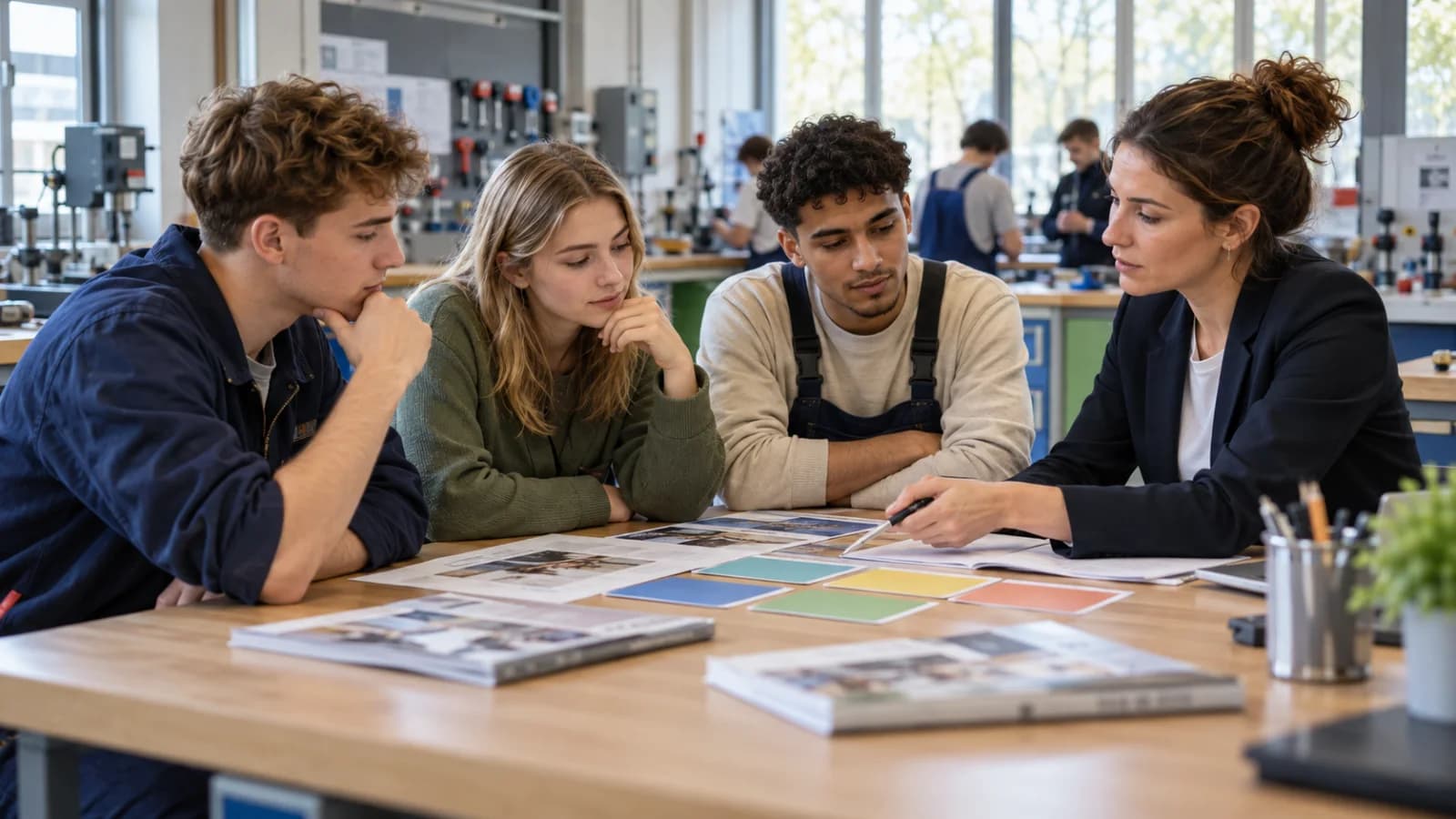 Drei junge Erwachsene vergleichen mit einer Berufsberaterin verschiedene Ausbildungswege in einer Lehrwerkstatt