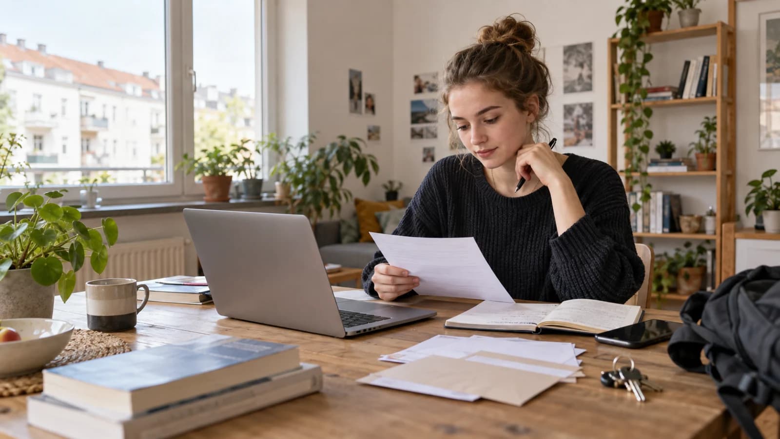 Eine Studentin prüft Unterlagen zu Studienfinanzierung und Wohnkosten am Schreibtisch