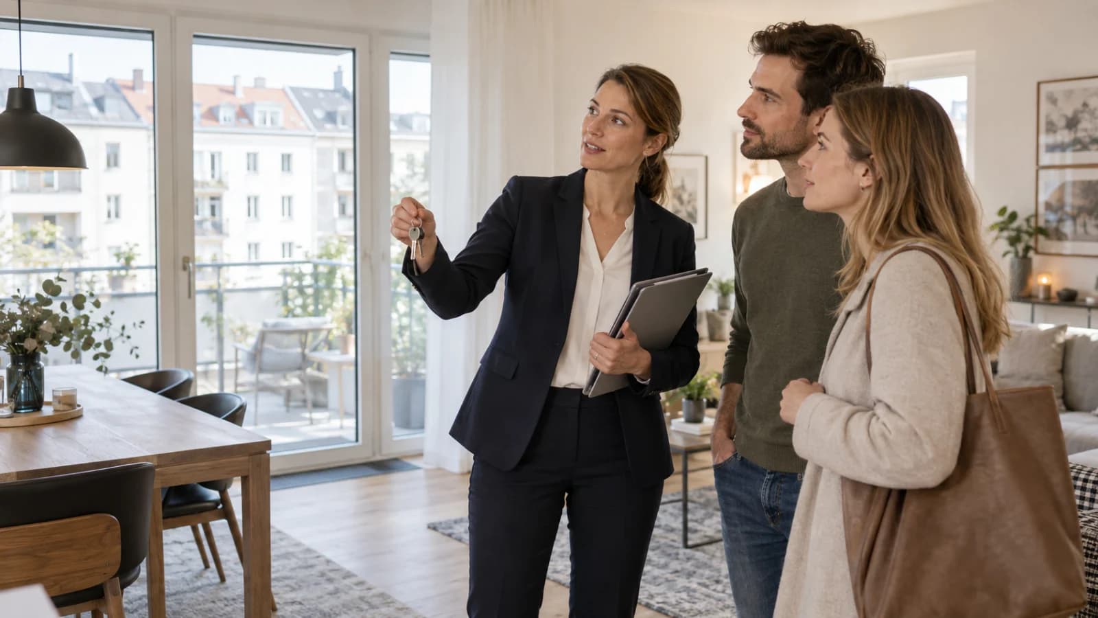 Eine Immobilienmaklerin führt Interessenten durch eine Wohnung und erklärt das Objekt