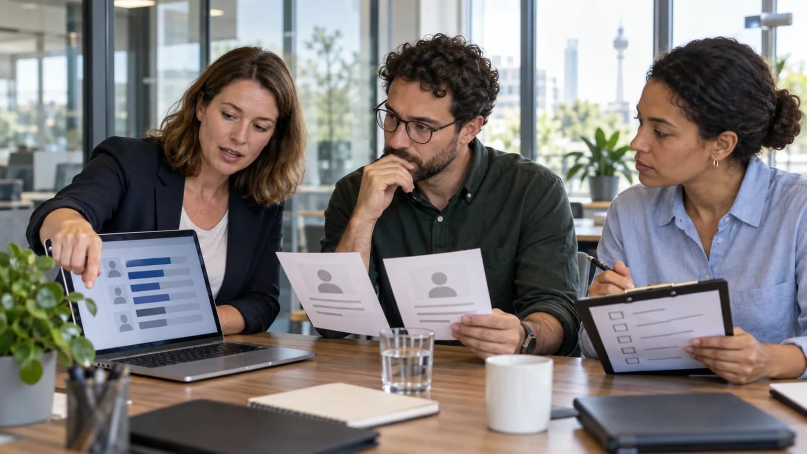 Ein HR-Team prüft gemeinsam eine anonymisierte KI-gestützte Bewertung von Bewerbungen