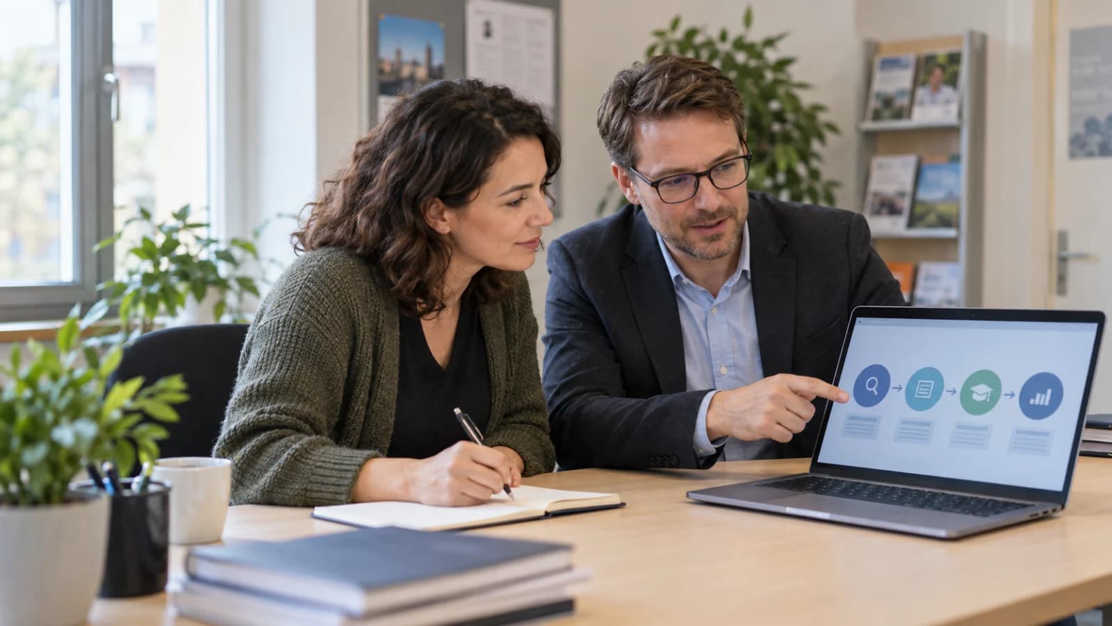 Eine Weiterbildungsinteressierte prüft mit einem Berater einen beruflichen KI-Lernweg am Laptop